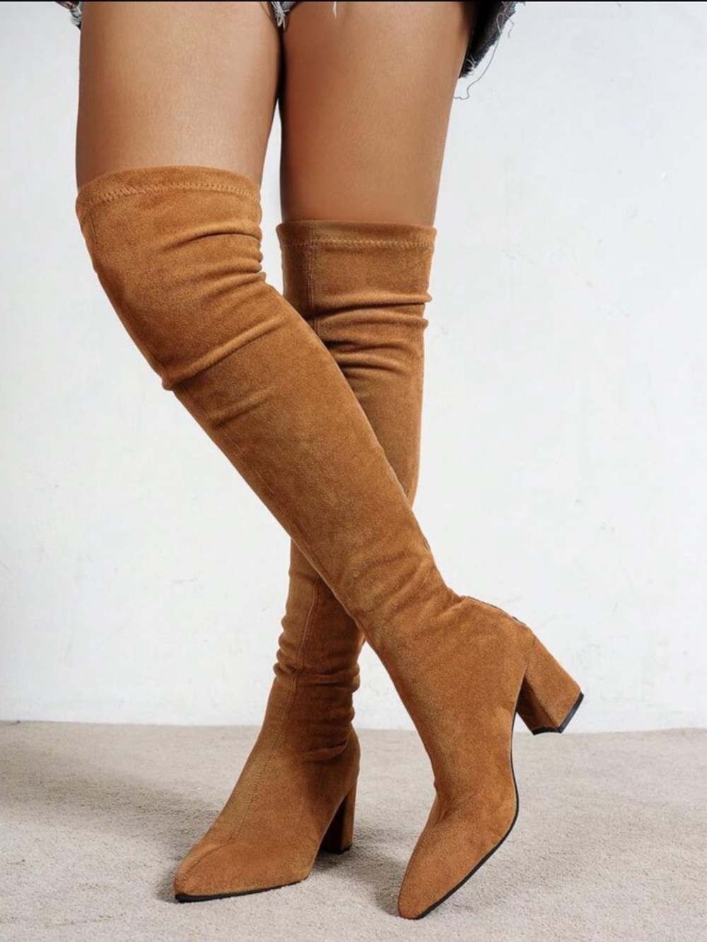 Tan Over-The-Knee Suede Boots – Chunky Heel Thigh High Boots - 9.5 - Picture 3 of 6